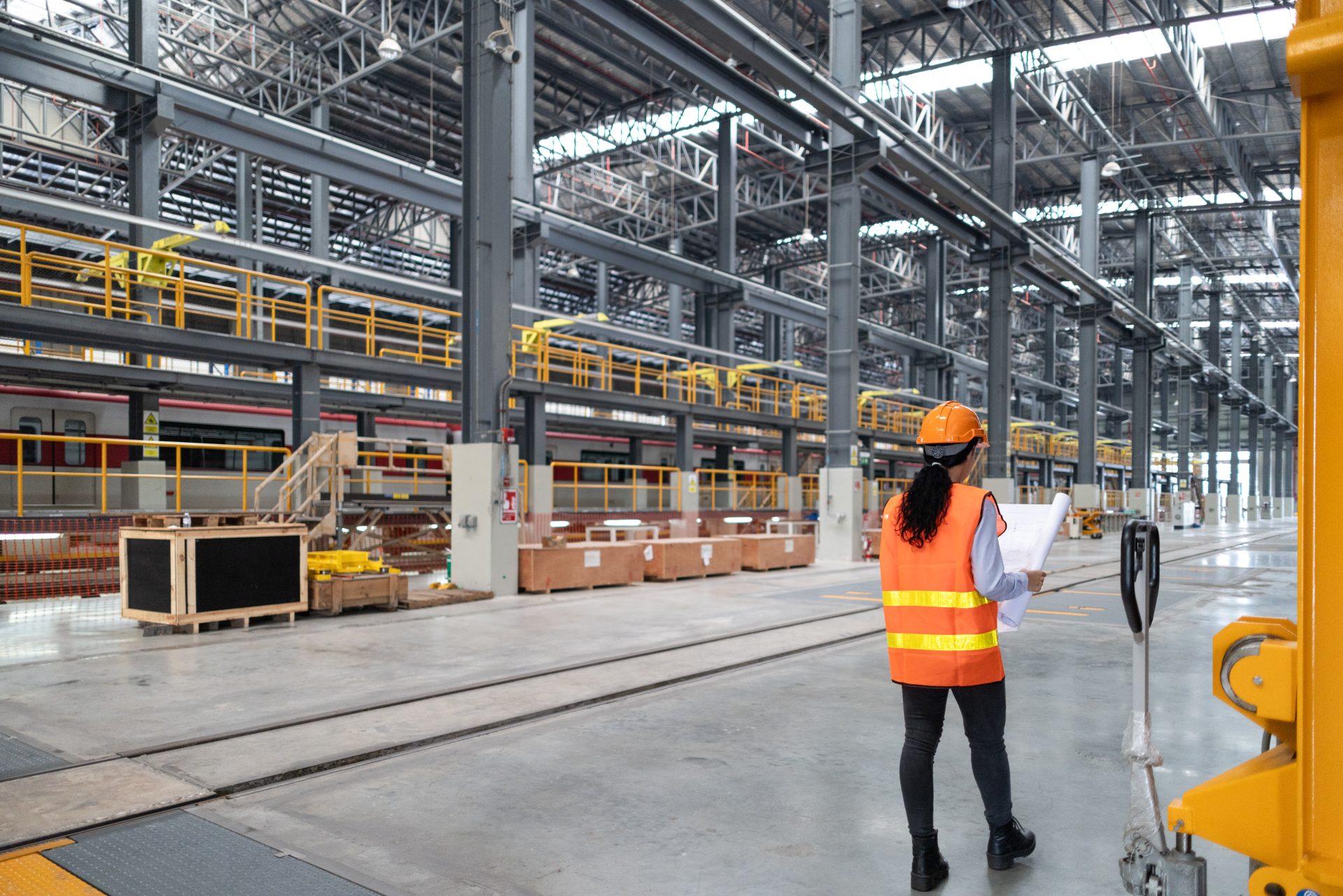 Large logistics warehouse with distribution infrastructure and industrial equipment